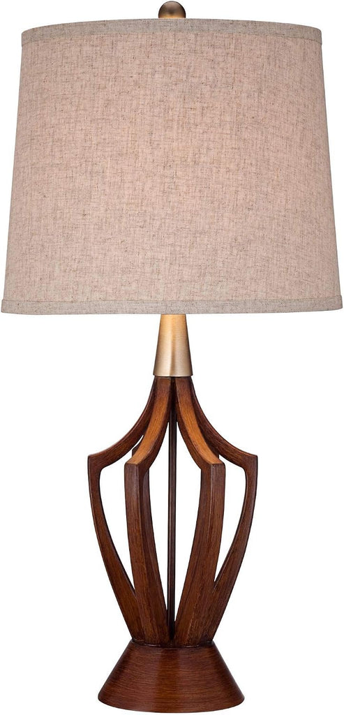 St. Claire Mid Century Modern Table Lamp 30 3/4" Tall Wood Brown Open Vase Taupe Fabric Drum Shade Living Room House