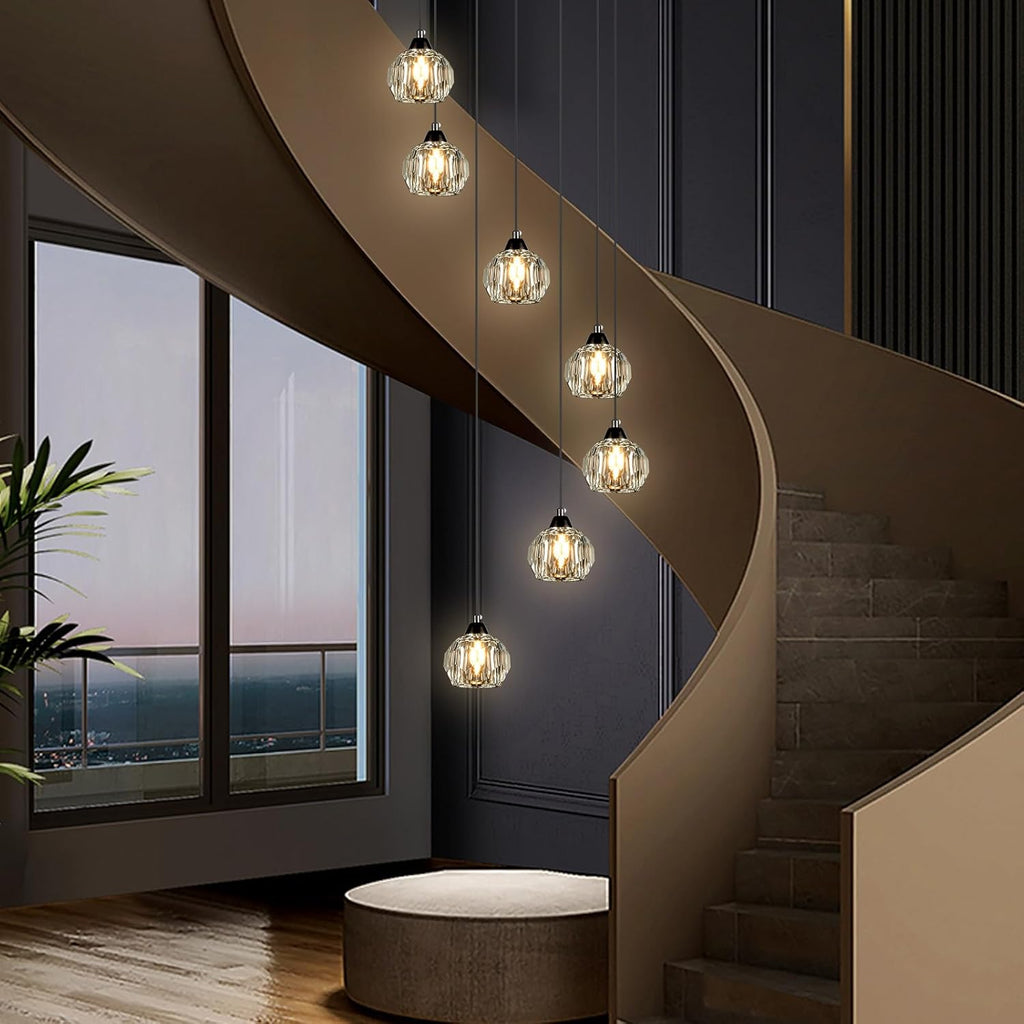 Crystal Chandeliers for Staircases, 7-Light Black Modern Chandeliers for High Ceilings_Crystal Pendant Light Fixture for Living Room Kitchen Island Foyer Hallway Bar A116-B0DSVJWTKH