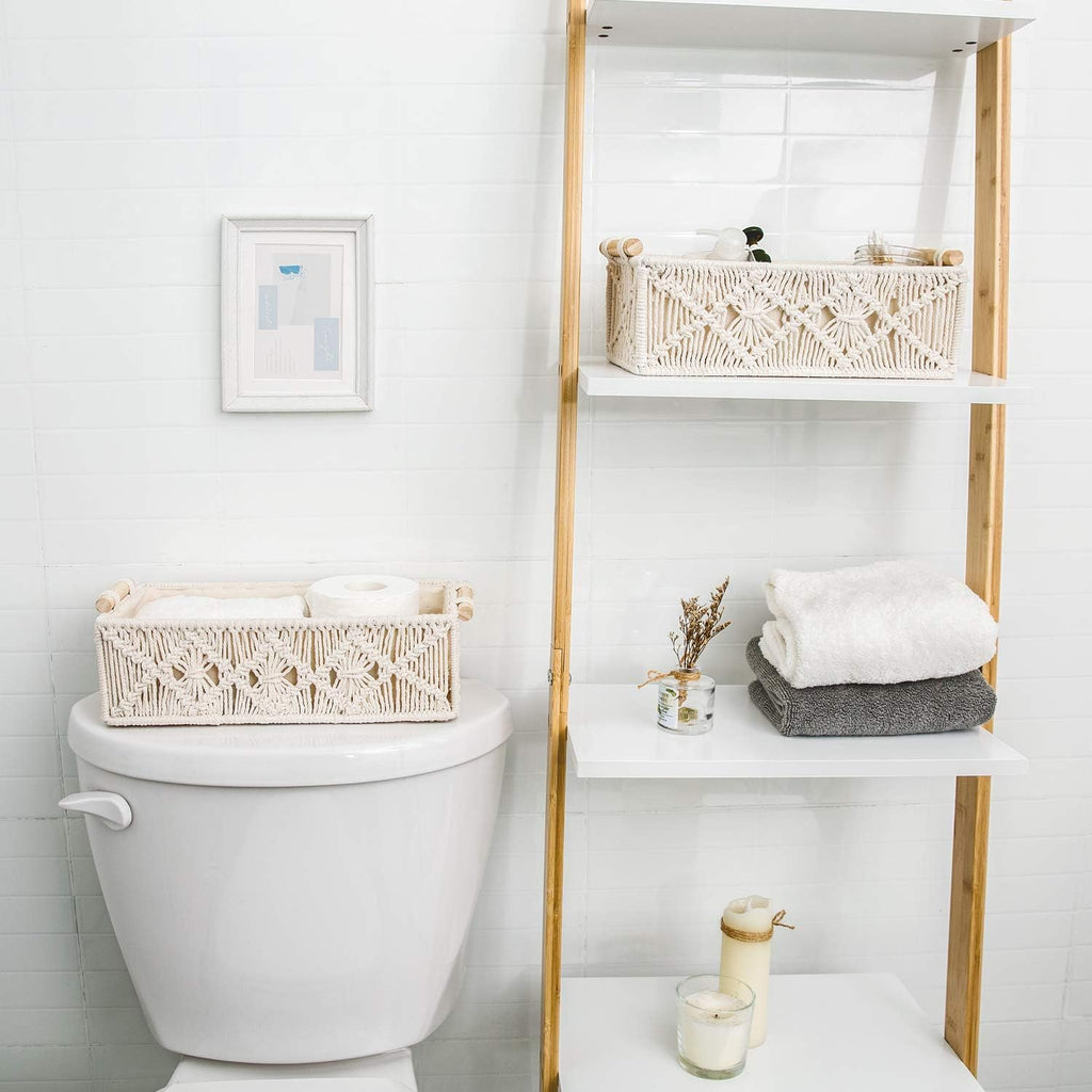 2Pc Macrame Storage Baskets, Boho Bathroom Toilet Paper Holder, Ivory | Small Baskets for Organizing, Hand-Woven