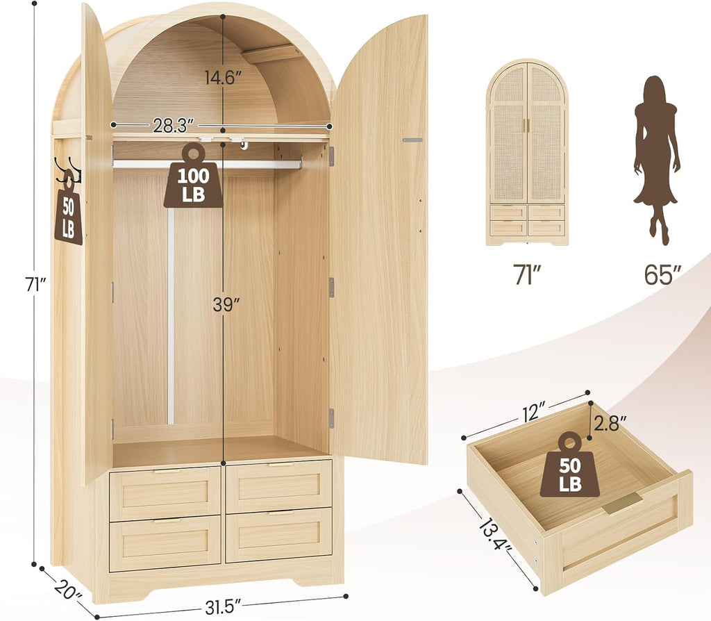 Armoire Wardrobe Closet with 4 Drawers - Wood Bedroom Armoires and Wardrobes with Rattan Doors for Hanging Clothes