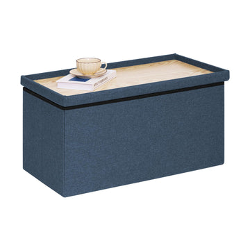 Folding Storage Ottoman Bench with Tray, Dark Blue