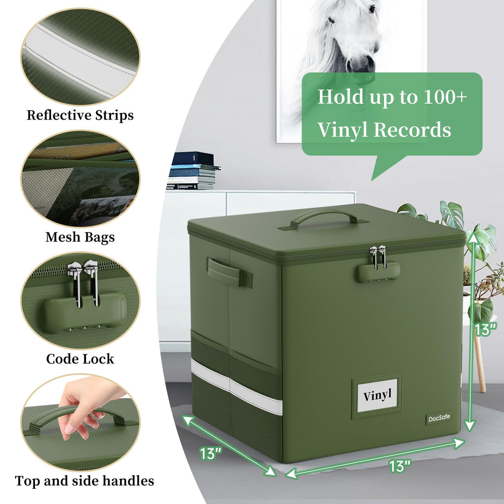 Vinyl Record Storage Box with Lock, Fireproof&Water Resistant Record Organizer for 100+ Single Records(12-inch)