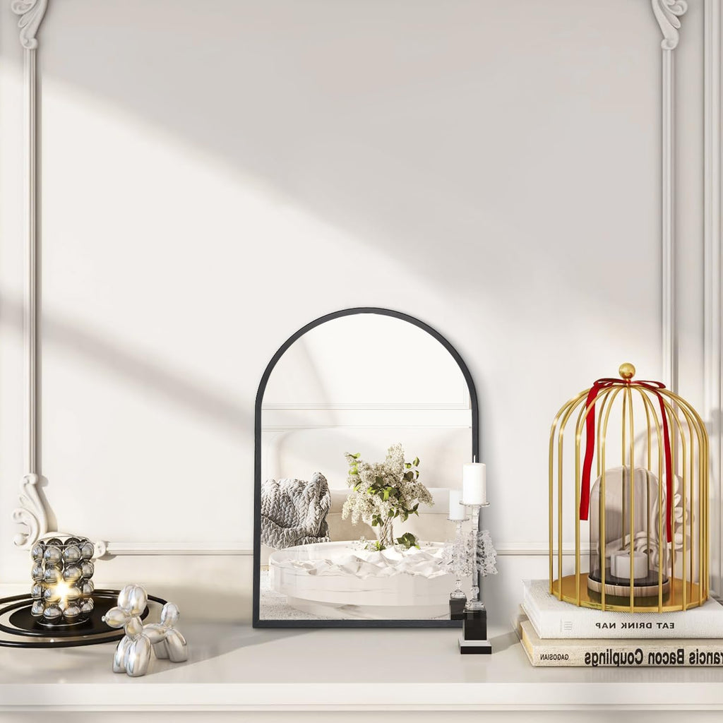 Black Arched Mirror, Modern Bathroom Wall Mirror Aluminum Alloy Framed Mirror Brushed Metal Vanity Wall Mounted Mirror