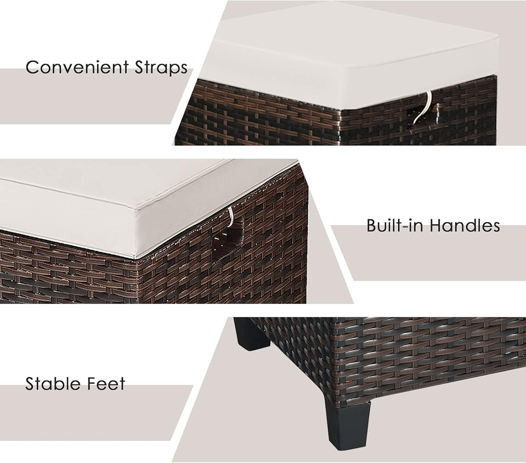 2-Piece Patio Ottoman Set - Wicker Footstools | All Weather PE Rattan Square Footstool, Removable Light Brown