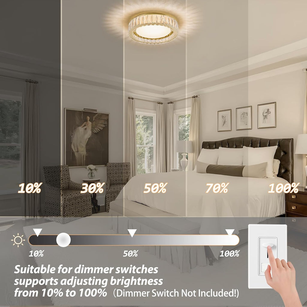 15 Inch Gold Modern Crystal Flush Mount Chandelier,Large Dimmable LED 5CCT 3000K-6000K 36W Round Close to Ceiling