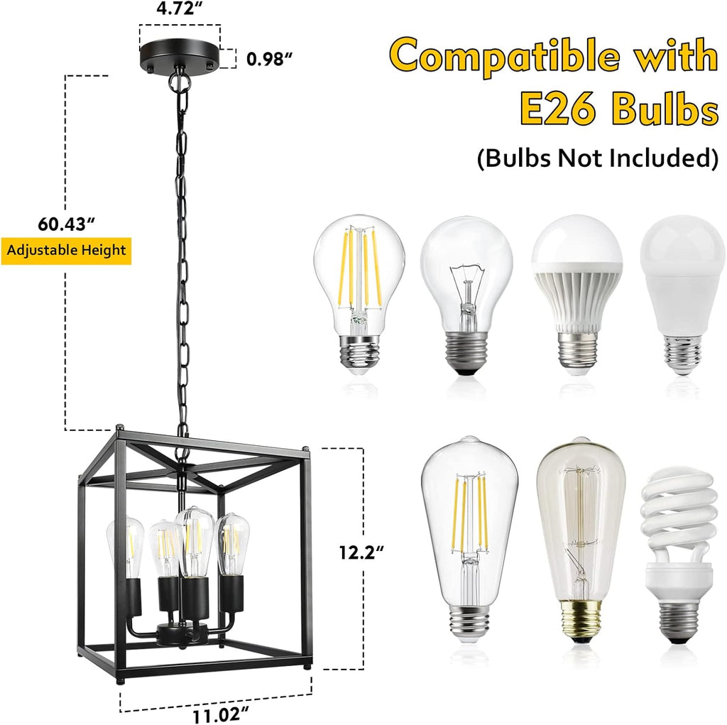 4-Light Black Farmhouse Chandelier, Iron Lantern Pendant Light Rustic Cage Adjustable Height, E26 Base Industrial Hanging Lights for Kitchen Island Dining Room Hallway Foyer Entryway