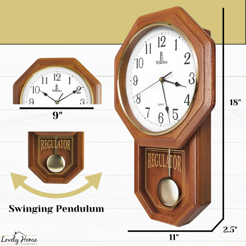 Pendulum Wall Clock Battery Operated, Real Wood Regulator Clock, Quiet