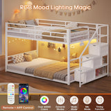 Low Bunk Bed Twin Over Twin with Stairs, Storage Drawers & Shelves, RGB LED Lights Metal Floor Bunk with Power Outlet