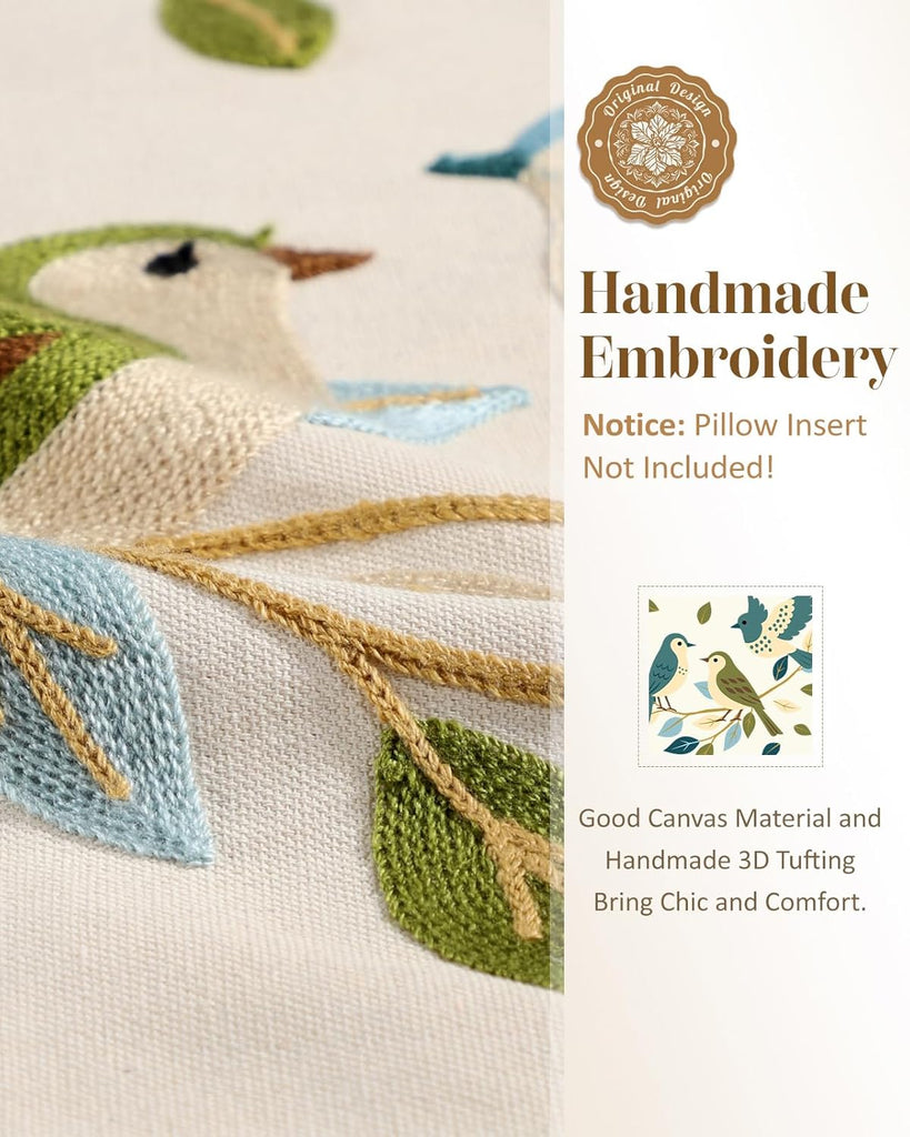 Embroidered Throw Pillow Cover 18x18 Inch - Summer Farmhouse Decorative Pillow Covers with Zipper, Birds Leaves