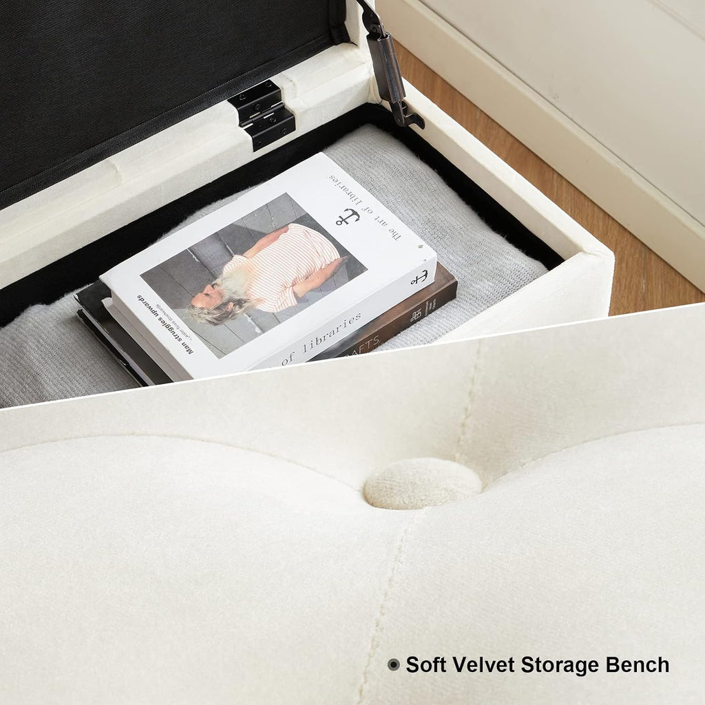Bench Storage Ottoman Bench with Storage for End of Bed Entryway Cream Velvet