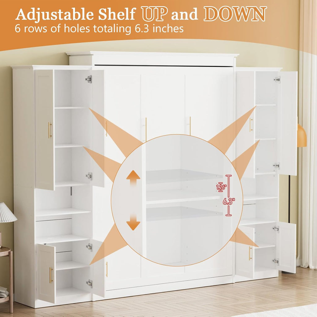 Queen Murphy Bed with 6 Adjustable Shelves & Storage Cabinets, Foldable Space-Saving Queen Wood Wall Bedframe with USB Charging Port, Hidden Bedframe for Bedroom, Guest Room, White