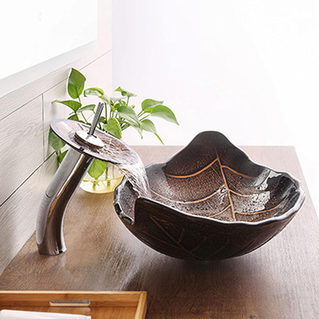 Leaf Shape Vessel Sink Set Tempered Glass Bathroom Bowl + Waterfall Faucet & Drainage System