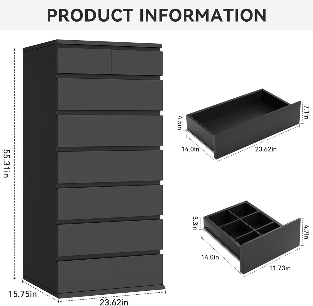Black Tall 8 Drawer Dresser ,Dressers & Chests of Drawers with Jewelry Storage,Wood Storage Dresser with Deep Drawers