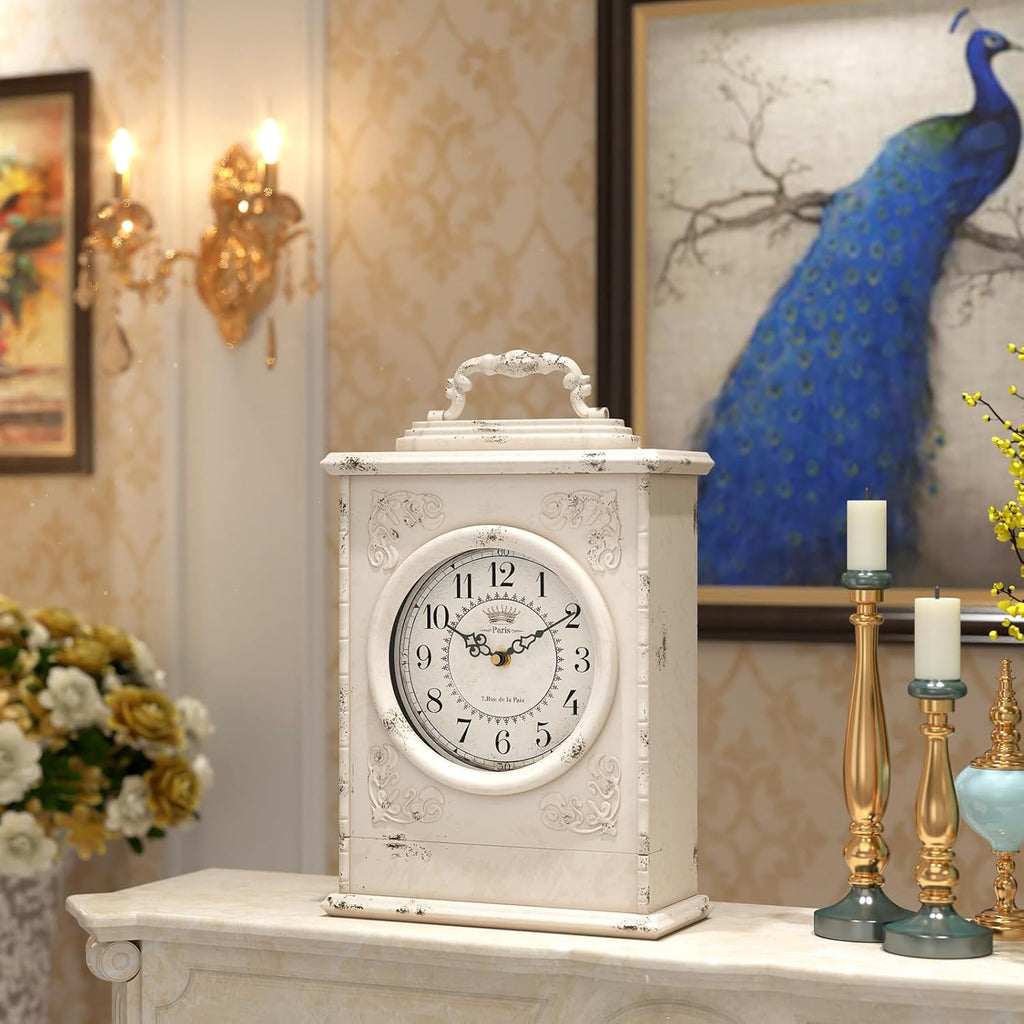 Vintage Mantel Clock with Hidden Safe, Antique White Style Fireplace Clocks