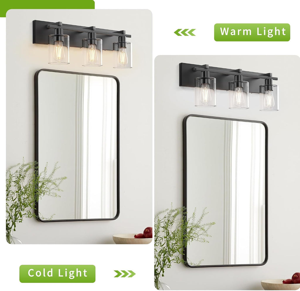 Bathroom Vanity Light,3 Light Matte Black Vanity Light with Thickened Clear Glass Shade, 21 inch Dimmable Modern Wall