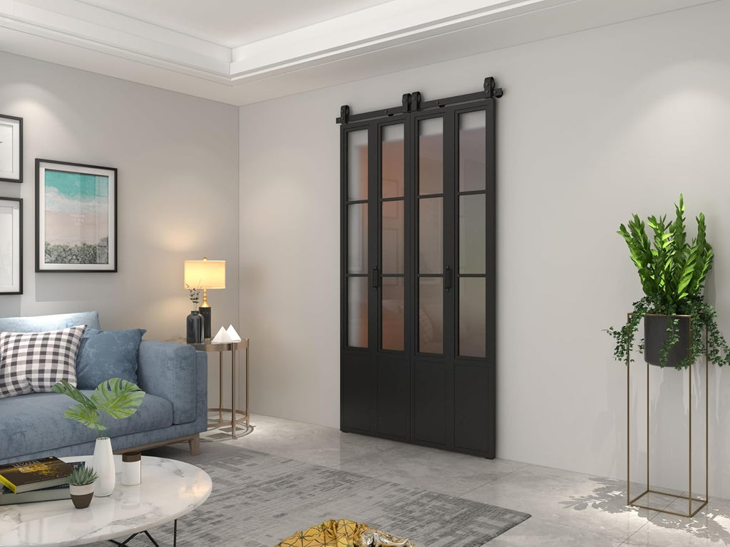 48 in. x 84 in. 3/4 Lites Frosted Glass Black Steel Frame Double Bi-Fold Barn Doors with Hardware Ki