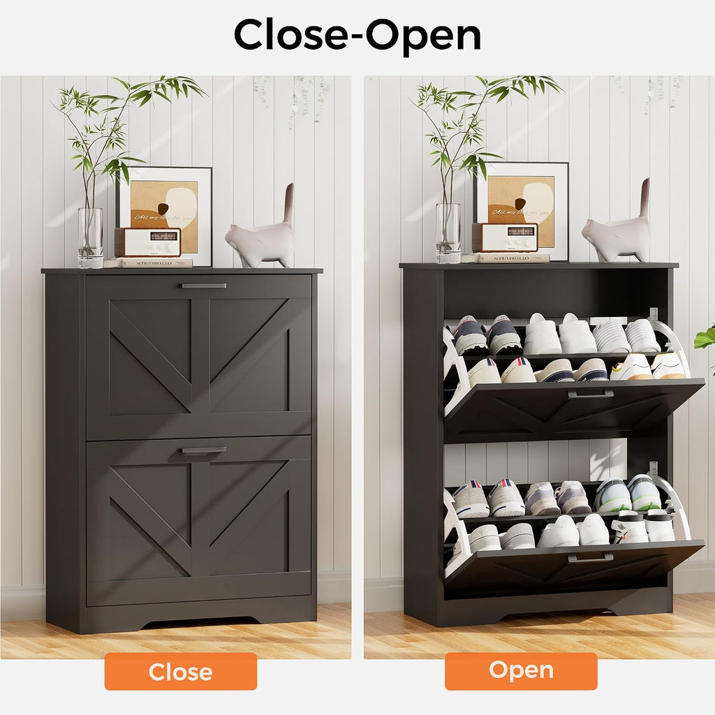 Farmhouse Shoe Cabinet with 2 Barn-Style Flip Drawers, Narrow Shoe Storage Organizer with Top Display Shelf