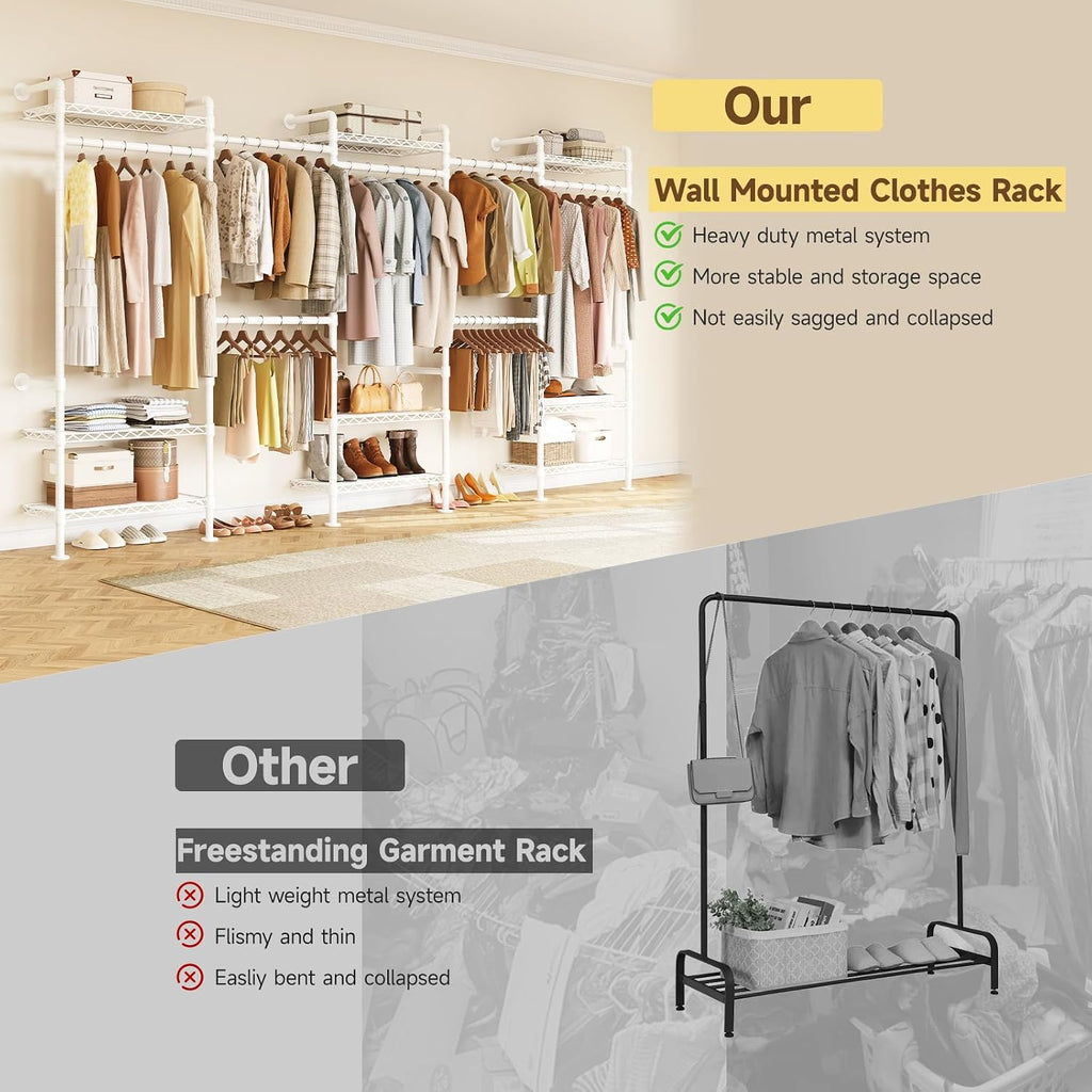 H5 Wall Mounted Closet System, Industrial Pipe Clothes Racks Clothing Rack with 4 Telescopic Rods & 3 Fixing Rods & 9