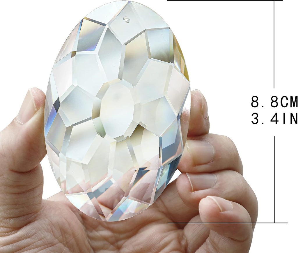 3.5 Inch Oval Crystal Prism Suncatcher, Clear Rainbow Maker - Clear Faceted Crystal Design, Window Hanging Pendant