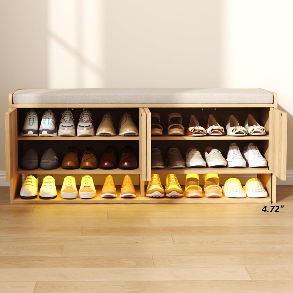 47.2" Fluted Shoe Storage Bench, Entryway Bench with Linen Seat Cushion, Shoe Cabinet Bench with Adjustable Shelf and