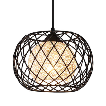 Black Metal Cage Rattan Pendant Light, Modern Farmhouse Boho Spherical Hanging Light Fixture, Woven Wicker Shade
