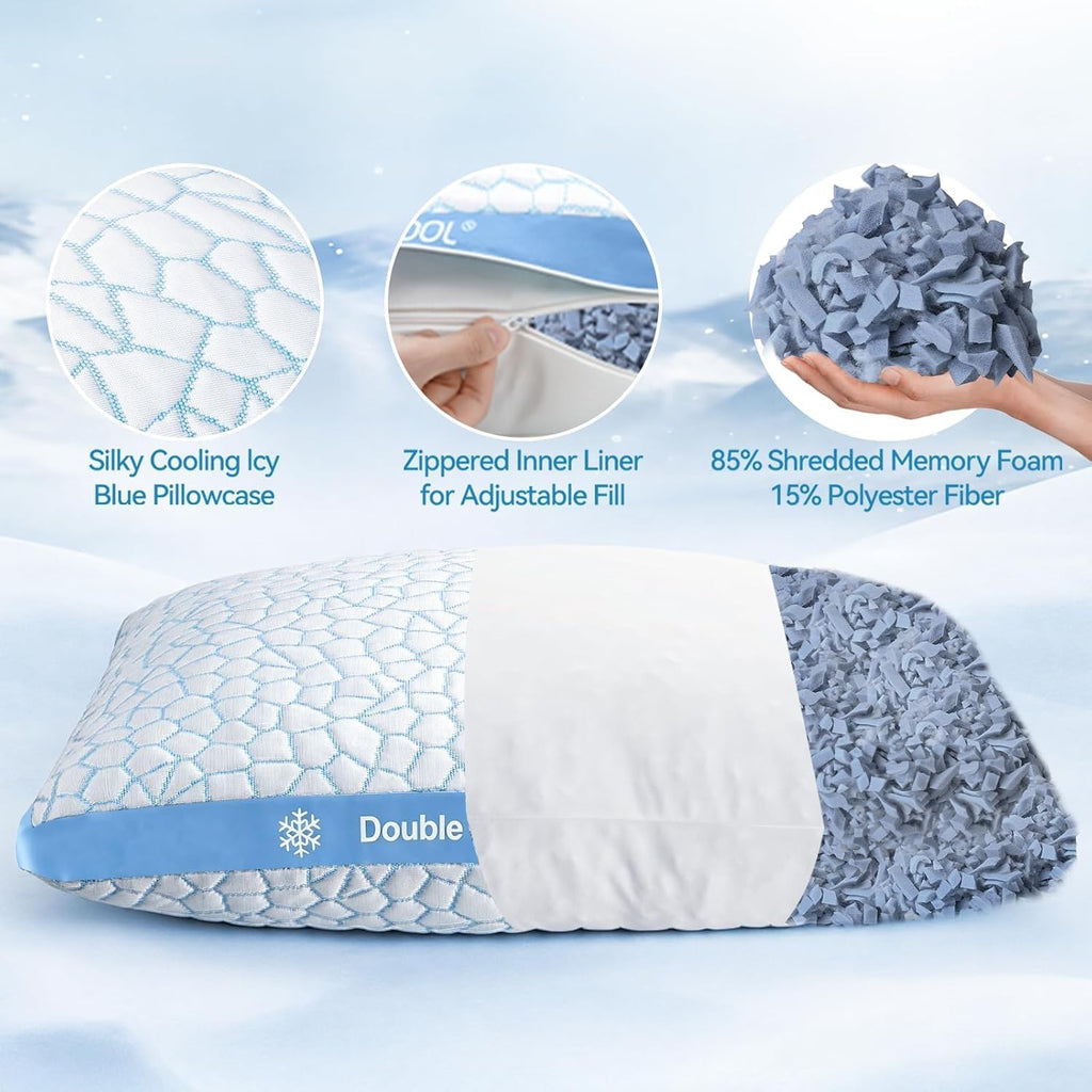 Double Sided Cooling Pillow for Hot Sleepers, Shredded Memory Foam Pillows King Set of 2, Adjustable Soft & Firm Gel