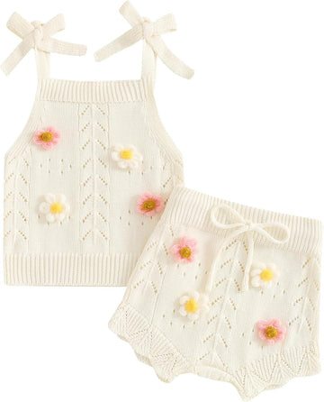 Toddler Baby Girl Clothes Summer Outfit Sleeveless Flower Embroidery Strap Knit Sweater Tank Top Shorts Set