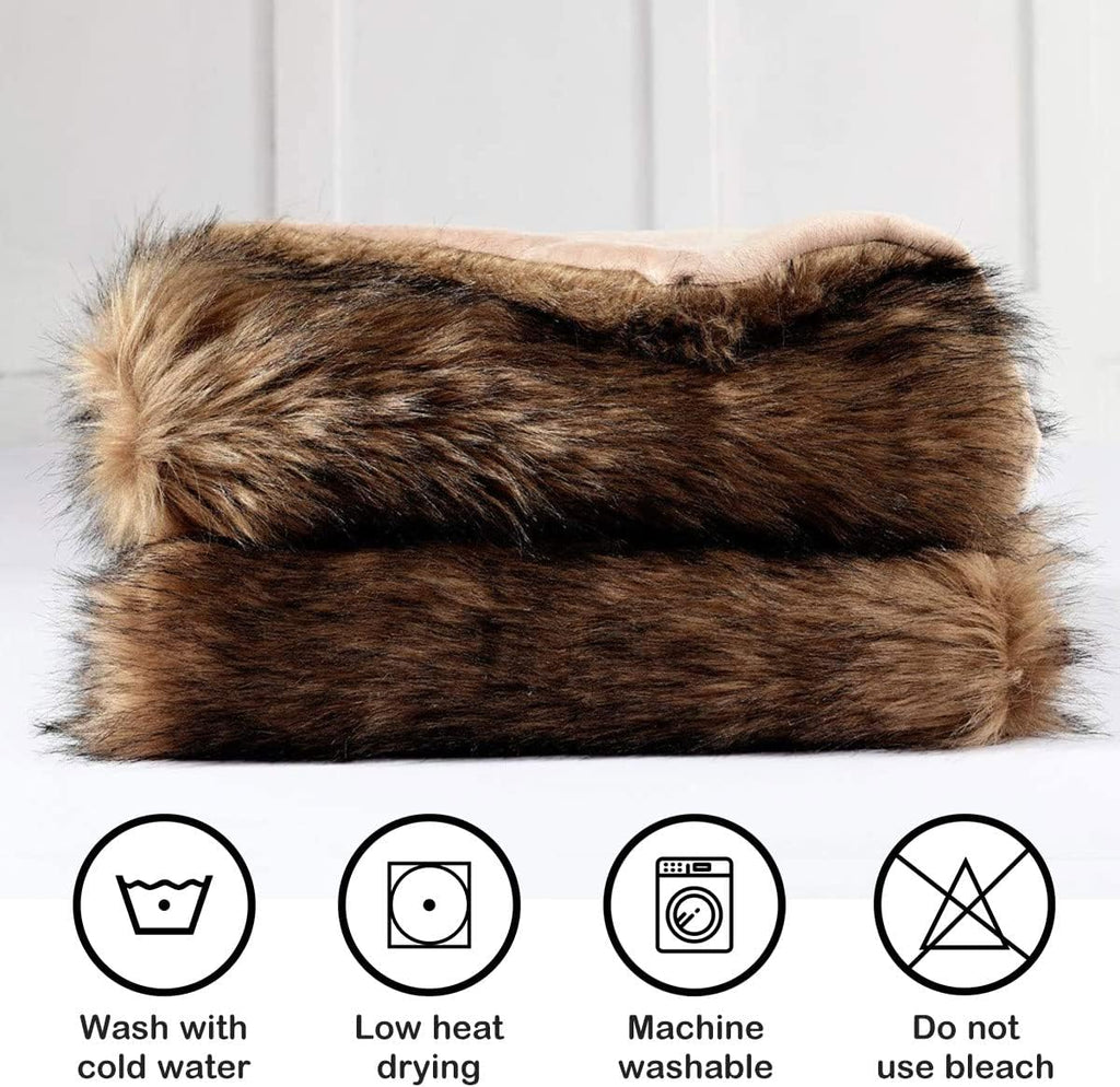 Plush Faux Fur Blanket King Size, Long Pile Brown with Black Tipped Throws, Oversized Super Warm, Fuzzy, Elegant