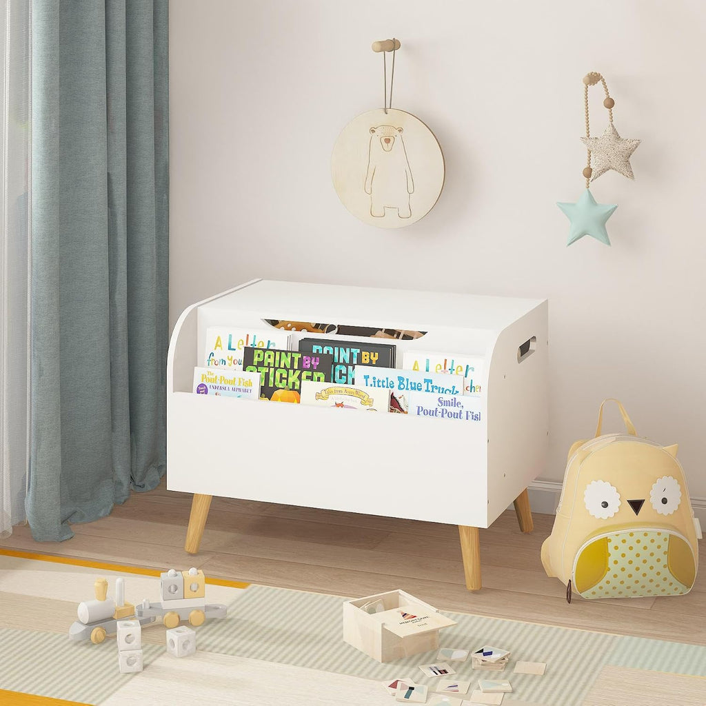 Large Toy Box Storage with 4 Wood Legs, Kids Toy Organizer with Front Bookshelf, Flip-Top Lid, Safety Hinge, Wooden