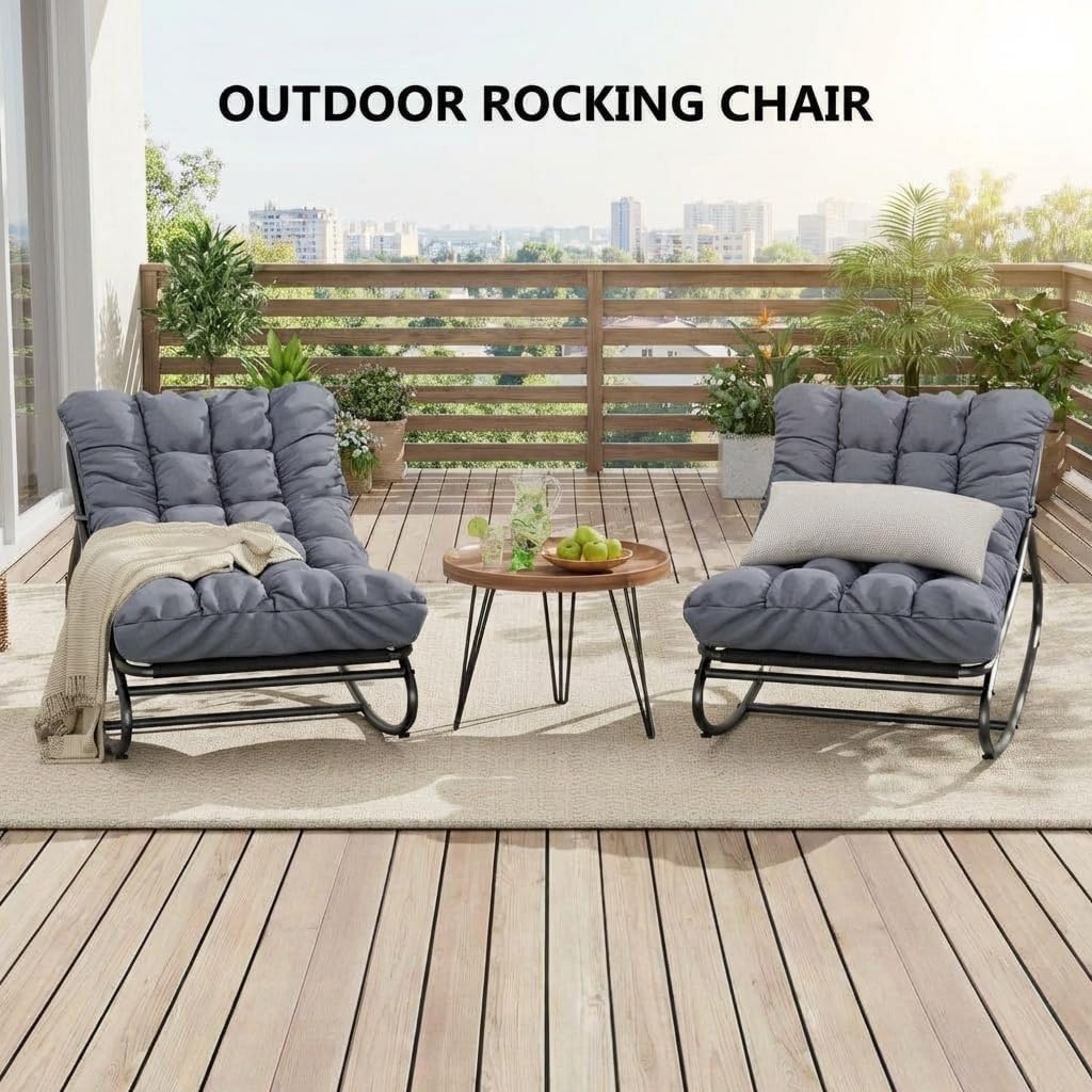 Outdoor Papasan Rocking Chair, Oversized Metal Frame Egg Rocker with Thick Waterproof Cushion, 450 lbs, Comfy Lounge