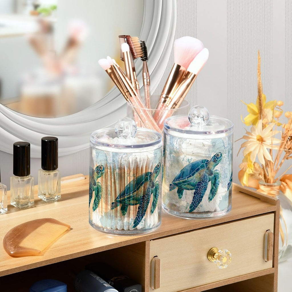 Sea Turtle Pattern Apothecary Jars with Lid, 10 Oz Clear Plastic Apothecary Jar Set Qtip Holder Storage - Set of 2