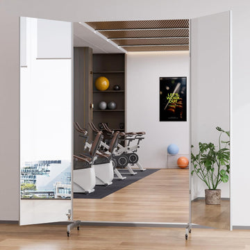 Full Length Stand Up Mirror on Wheels, 79''×67'', Large Tri-Fold Floor Mirror with Stand, Movable 3-Way