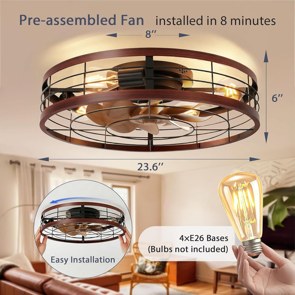 Farmhouse Caged Ceiling Fans with Lights Flush Mount, 23.6'' Rustic Low Profile Ceiling Fan with Light and Remote