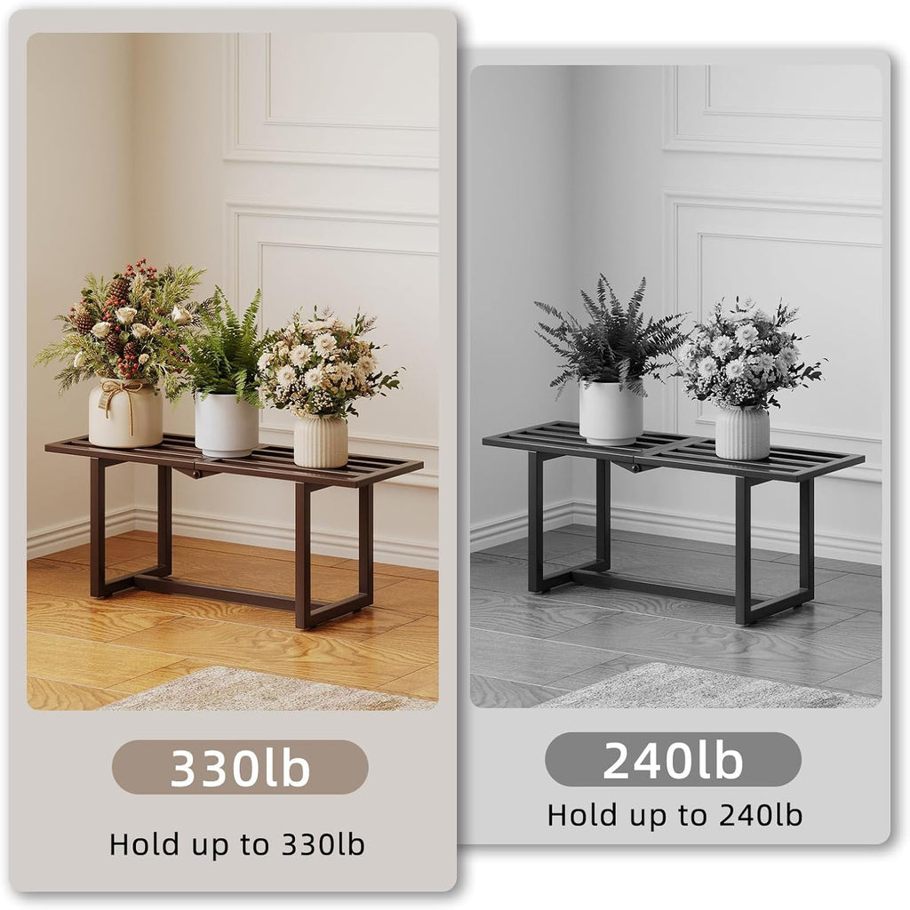 Plant Stand Indoor Outdoor, Foldable Metal Plant Shelf for Multiple Pots, Mid Century Slatted Bench Garden, Heavy