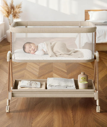 Baby Bassinets Bedside Sleeper - 3-in-1 Baby Bassinet with Wheels, Soft Mattress, Storage Tray, Full-Mesh Sides