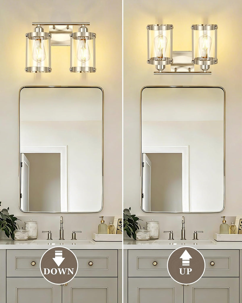 2-Light Brushed Nickel Bathroom Light Fixtures, 13.8 Inch Modern Bathroom Vanity Lighting Fixtures Over Mirror with