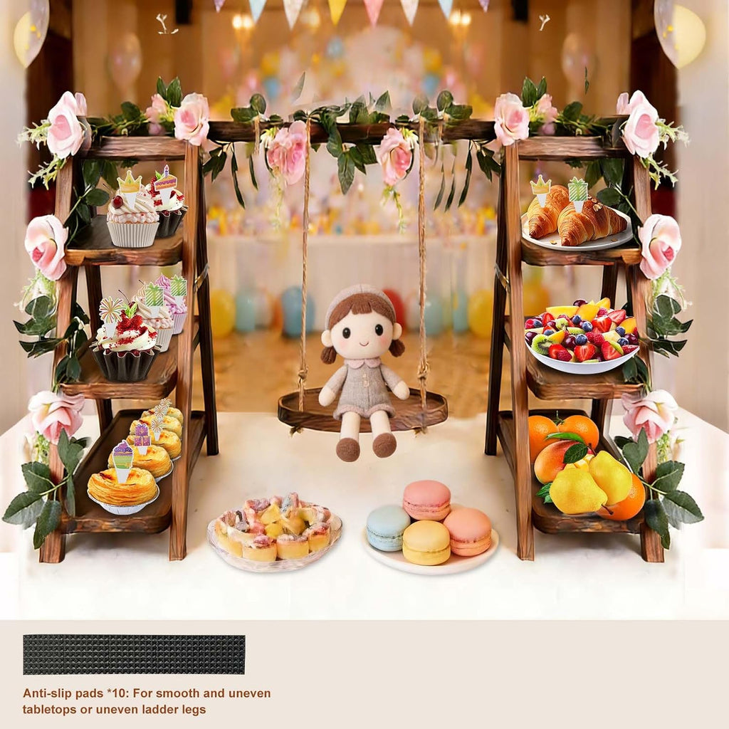 Wooden Cupcake Stand, 3 Tier Dessert Display Serving Tray with Swing and Flower Decoration, Foldable Tiered Ladders