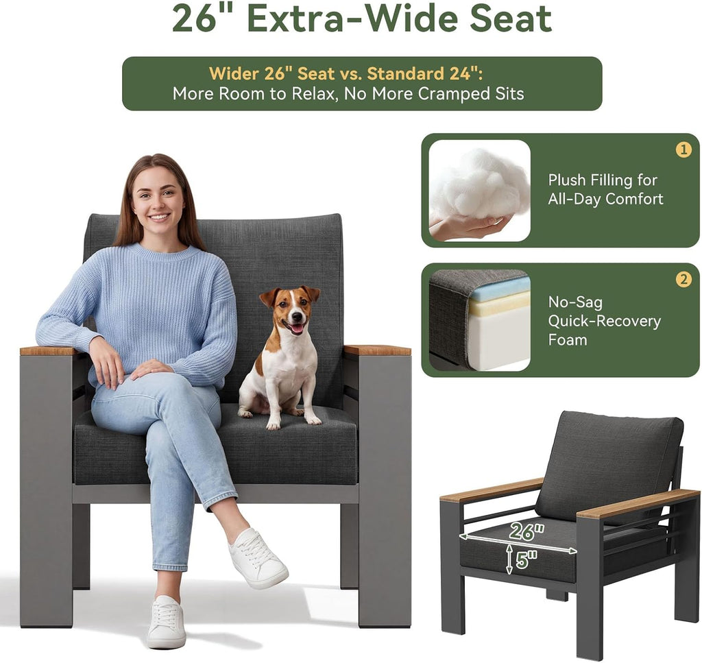 Patio Furniture Set, Aluminum Outdoor Furniture with Oversized Seats | All Weather Outdoor Sectional with Washable 5"