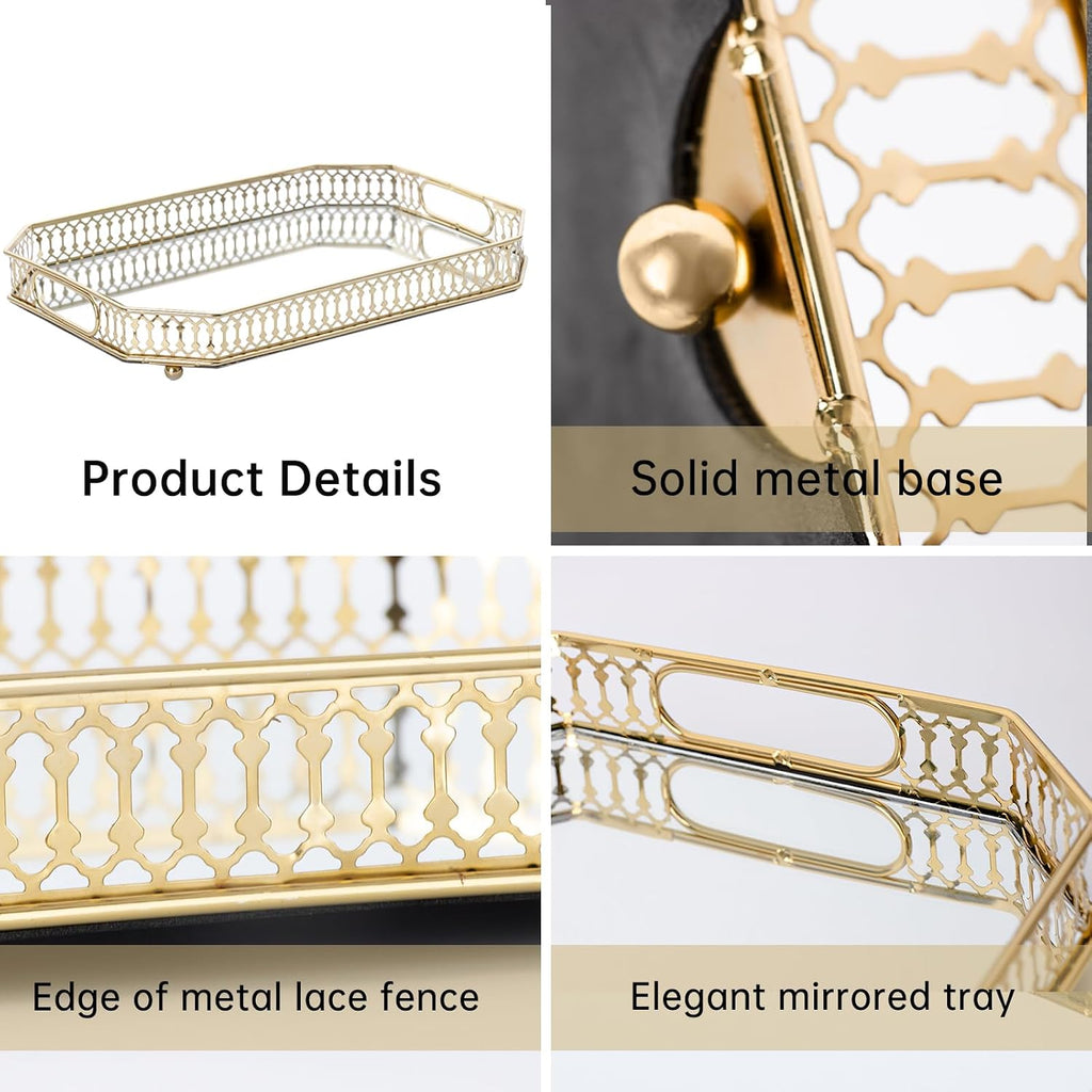 Bar Cart Tray, Decorative Mirrored Tray with Handles, Large Capacity Organizer, Gold