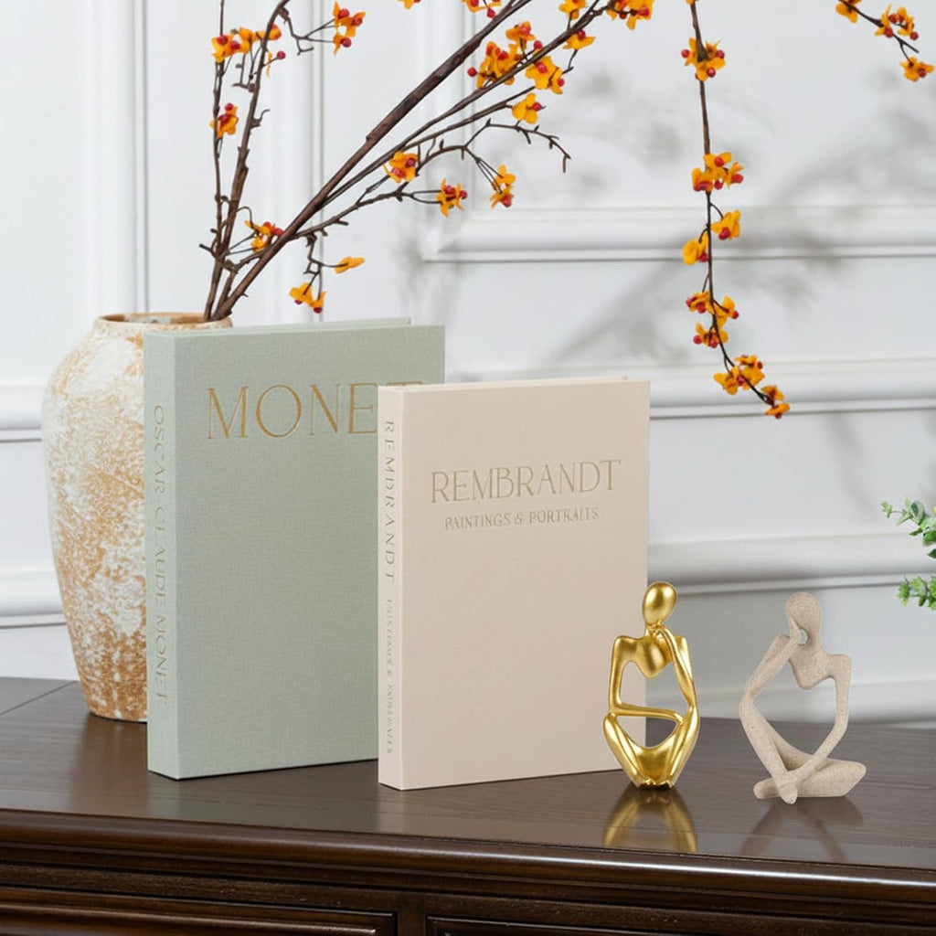 Decorative Books & Thinker Sculptures Set - Linen Boxes & Resin Figurines Enhance Your Coffee Table, Bookshelf or