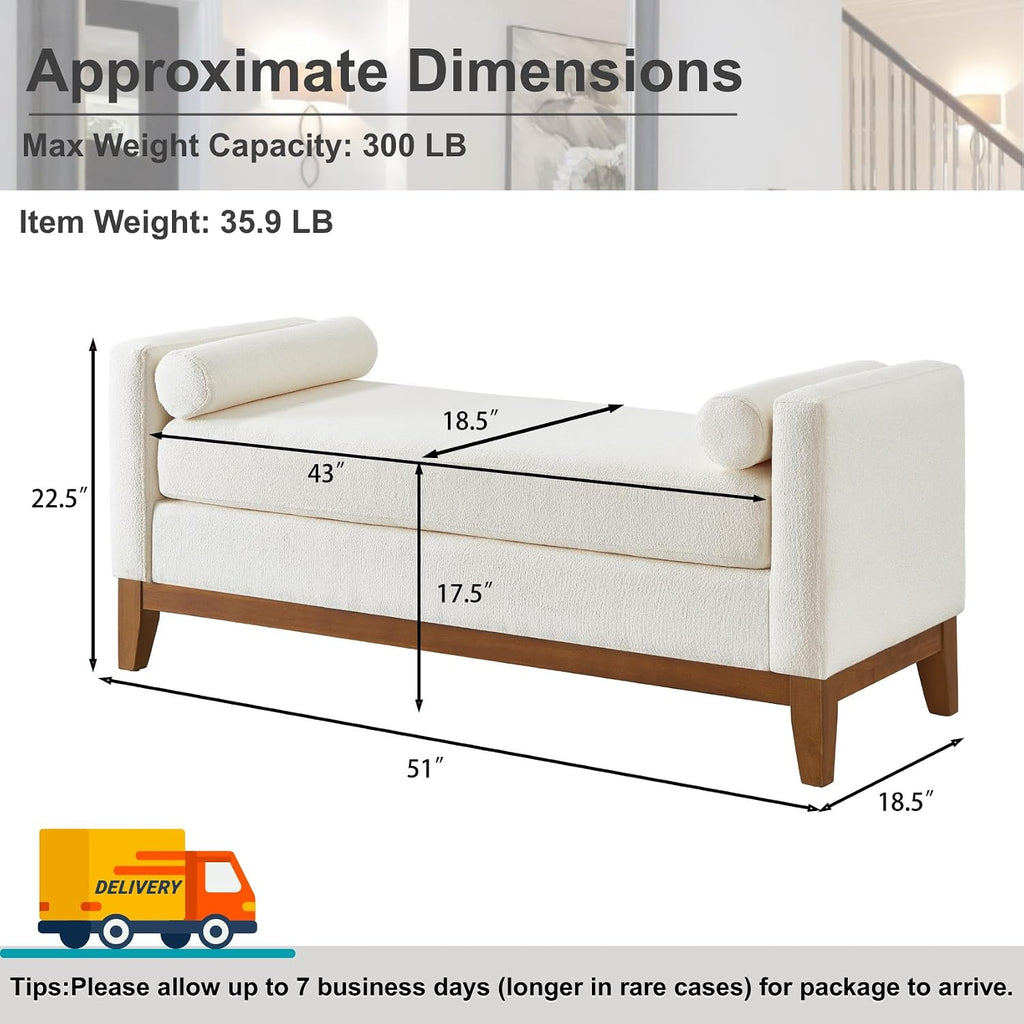 End of Bed Bench , 51'' Boucle Full Size Bench , Cloakroom, Window Bench (Ivory).