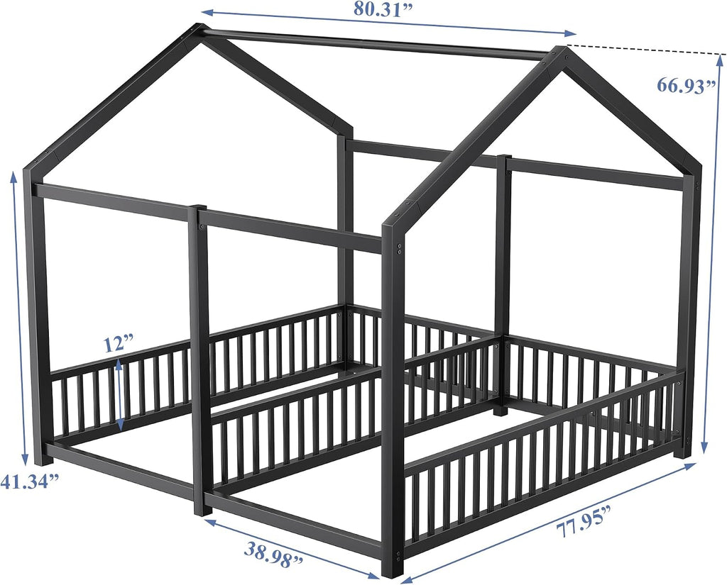 Twin Size Toddler Floor Bed,Double Bed Frames for Two Kids,Black | Montessori Floor Bed with Fence & Roof Design