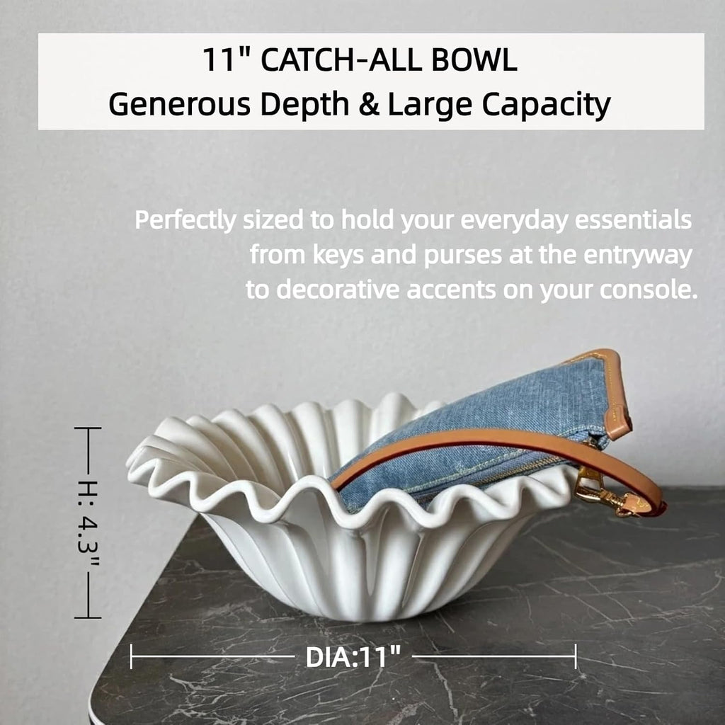 11" Scalloped Wavy Ruffle Decorative Bowl Counter and Table Centerpiece - Large White Fluted Aesthetic Bowl for