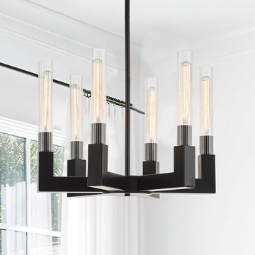 Inspired Cannele Style Matte Black Chandelier with Striped Glass Shades, 6-Lights Adjustable Modern Pendant Light Fixtures for Dining Room,Kitchen Pendant Lighting Over Island, E26 Base (Included Bulbs)