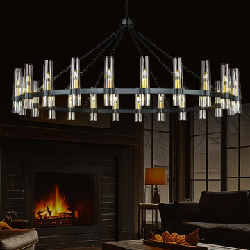 Inspired Ravelle Style 24 Light Black Wagon Wheel Chandelier, Round Chandelier Indoor, Modern Farmhouse Chandelier Decor Light Fixture, Hanging Lighting for Living Room Dining Room Porch Foyer Hallway, 69.69in, E12 Base