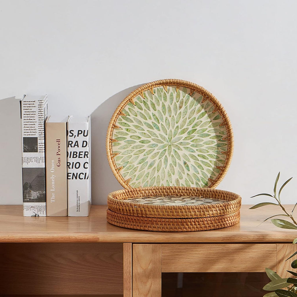Round Rattan Tray with Mother of Pearl Inlay, Rattan Serving Tray with Wooden Base, Decorative Wicker Basket for
