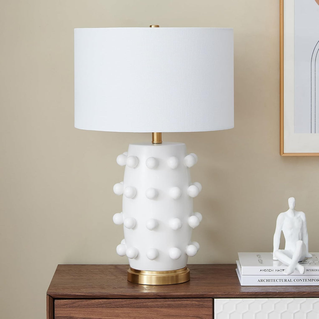 25.5'' Modern 1-Light Ceramic Table Lamp with Spherical Orbs on Lamp Body with White Fabric Drum Shade, or Office