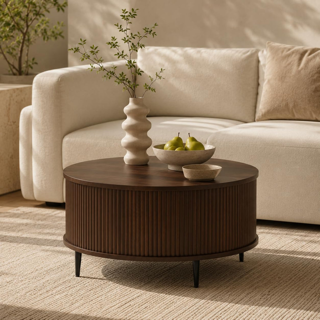 Mid Century Fluted Round Coffee Table, Brown