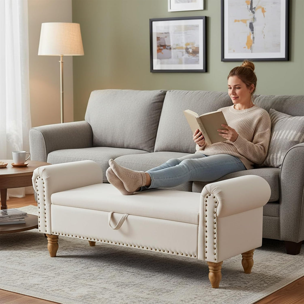 55" Linen Storage Bench, Queen End of Bed, Off-White | Linen Upholstered, Bedroom/Entryway/Closet, Storage Ottoman