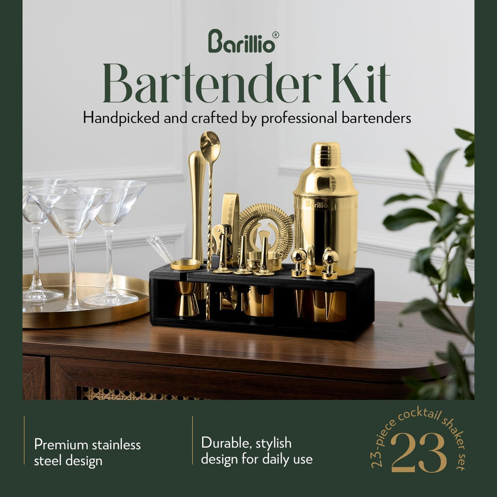Gold Bartender Kit - Stainless-Steel Cocktail Shaker Set w/Black Bamboo Stand - Mixology Bar Tools w/Drink Shaker